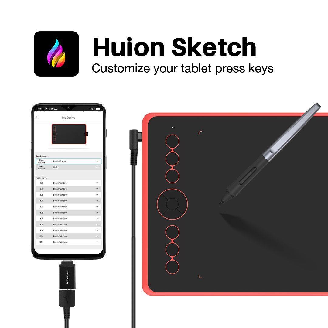 The new update Huion sketch not only solve vanished Samsung cursor problem and it now supports customize tablet press keys in the App! 