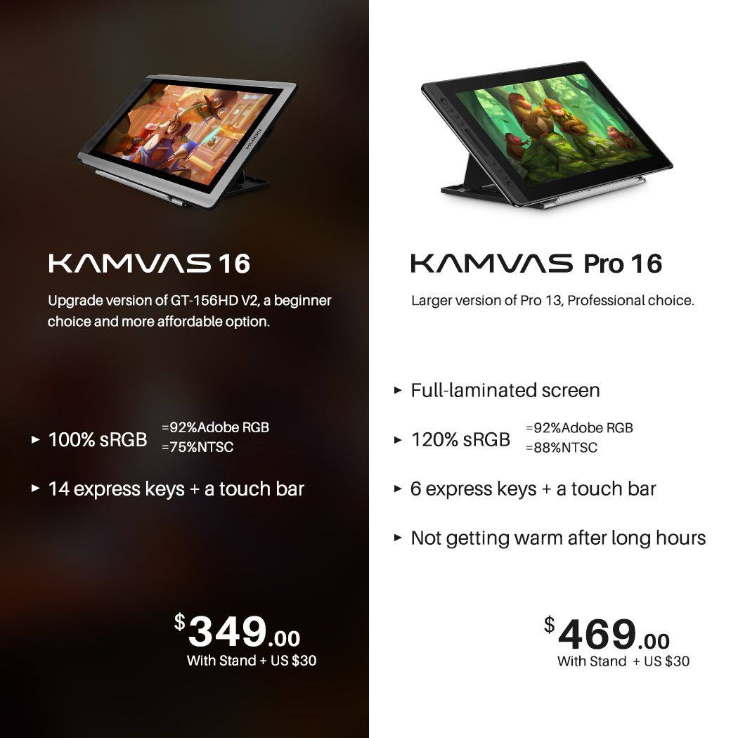 Your go-to choice comes in 2 versions. KAMVAS 16 or KAMVAS Pro 16? What's your choice? 