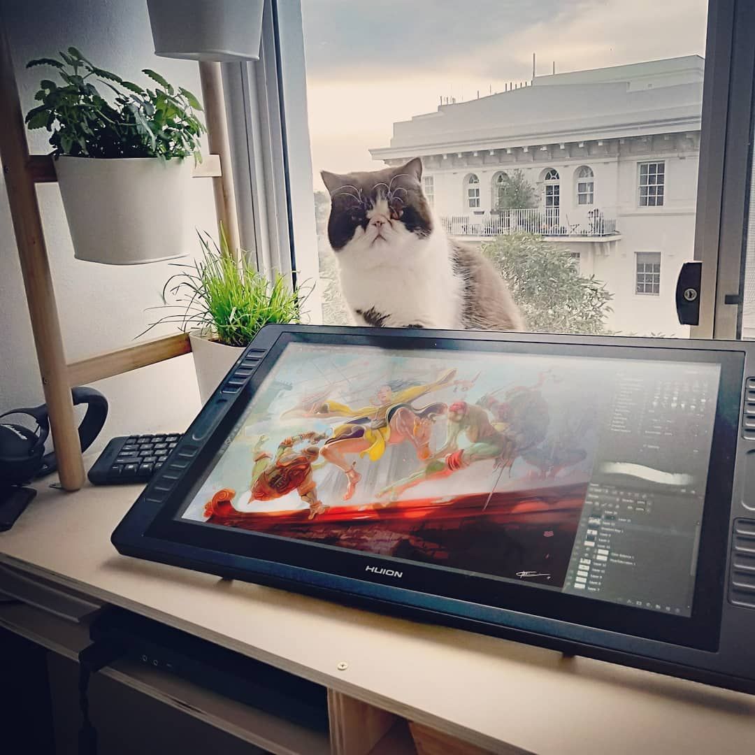 This is the #HuionWorkspace of @KarlThiartart and @thechocopiecat(Ins) is being the art director on this piece that he recently finished. #FridayFeature #kamvaspro22 #conceptartist #catsofinstagram #photoshop 