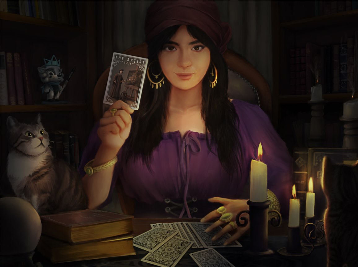 A mysterious girl created by @marelyn is using tarot cards to predict her future. Looks like her future is become an Artist.