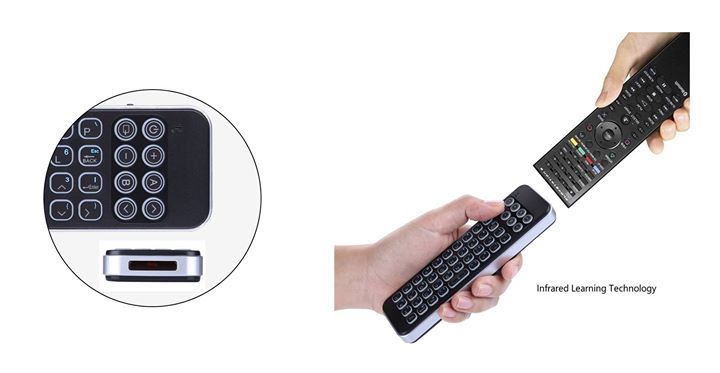 A backlit firestick-oriented QWERTY Bluetooth keyboard with learning buttons to control your Firestick, your TV and more 