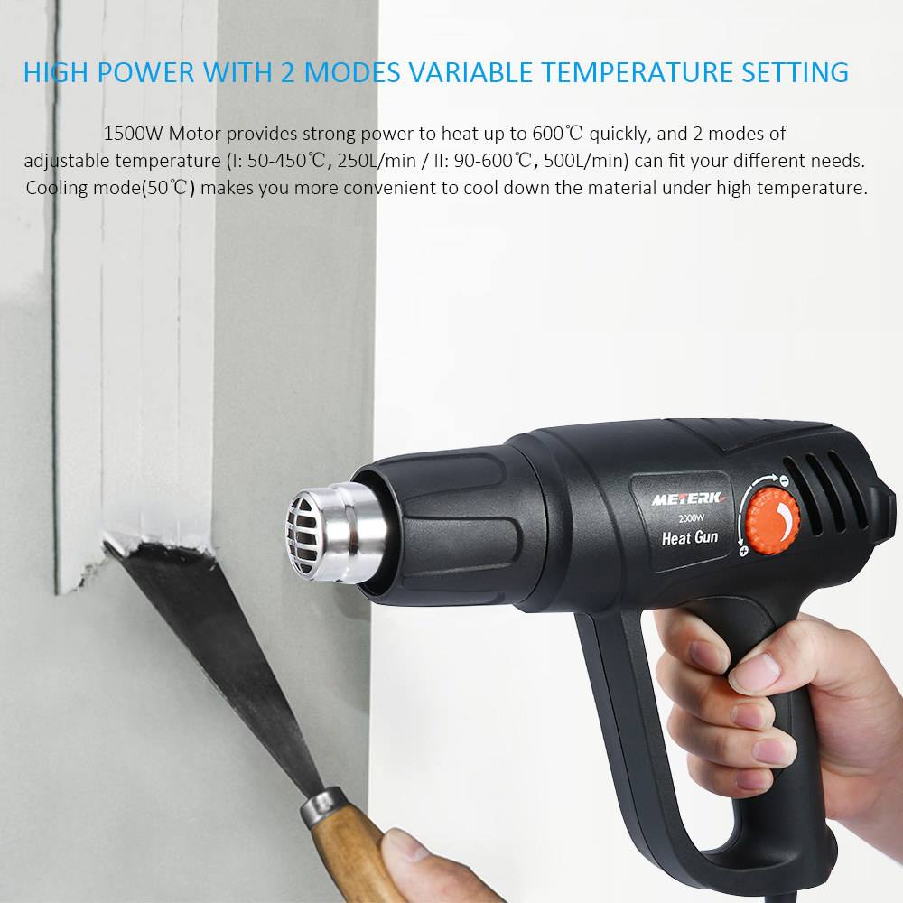 #Meterk 2000W Electric Hot Air Gun Tool Set has DUAL SIDE VENTILATION DESIGN - Hook nozzle for soft soldering welded pipe, round nozzle for welding & shrink sleeving (small area heating), flat nozzle for drying & melting(wide range of heating), BBQ nozzle for lighting barbecue charcoal & fireplace charcoal lighter.