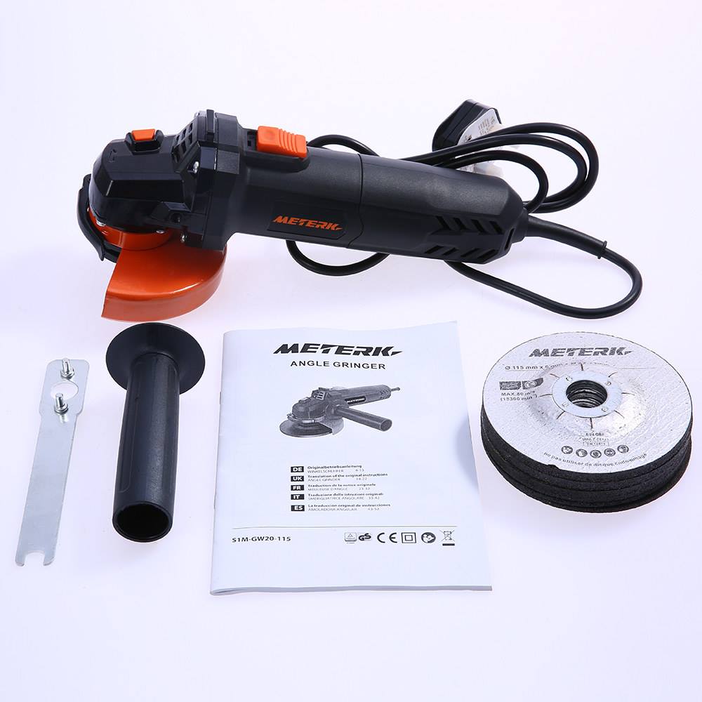 #Meterk 6A 4-1/2inch Electric Angle Grinder Tool with 5 Abrasive Wheels is very convenient for all kinds of tough grinding jobs, such as metal rust cleaning, metal cutting, metal grinding, tile cutting, tile grinding, wood cutting and wood grinding.