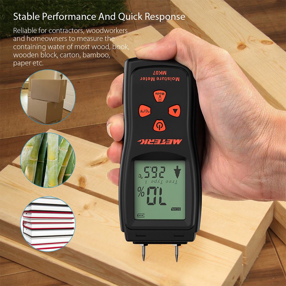 #Meterk 2 Pin Handheld Mini Wood Moisture Meter is a professional wood moisture meter for measuring the moisture level in sawn timber (also paper and cardboard) and hardened materials (mortar, concrete and plaster) as well as the environment temperature.