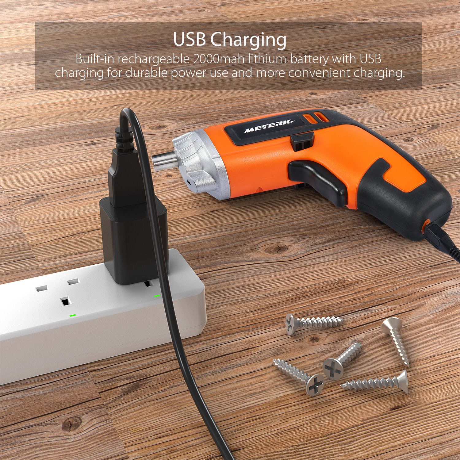 #Meterk Cordless Rechargeable Screwdriver has a built-in rechargeable 2000mah lithium battery with USB charging for durable power use and more convenient charging.