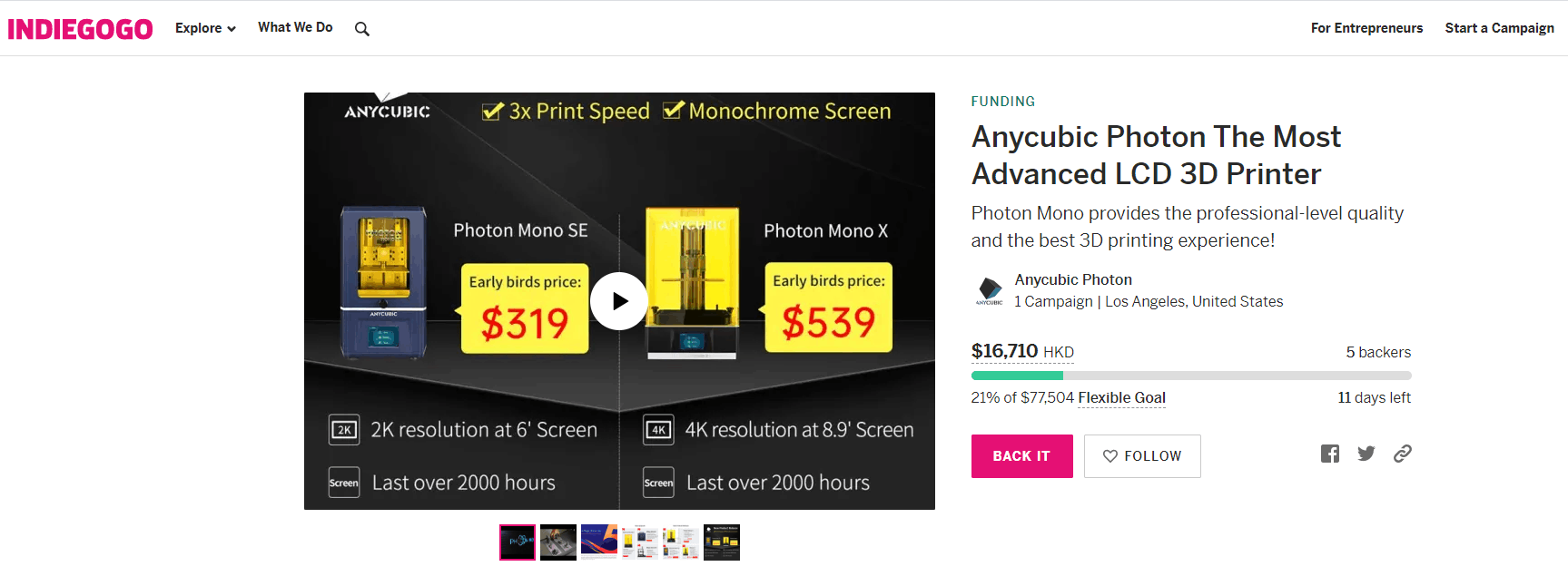 Dear valued customer, We would like to inform you that a crowdfunding project “Anycubic Photon The Most Advanced LCD 3D Printer” on Indiegogo is NOT Anycube’s official project.  At the same time, we have already contacted the Indiegogo to cancel the project.... Our new products will not be involved in any crowdfunding project. Please don't hesitate to contact us if you have any questions. Anycubic official link：