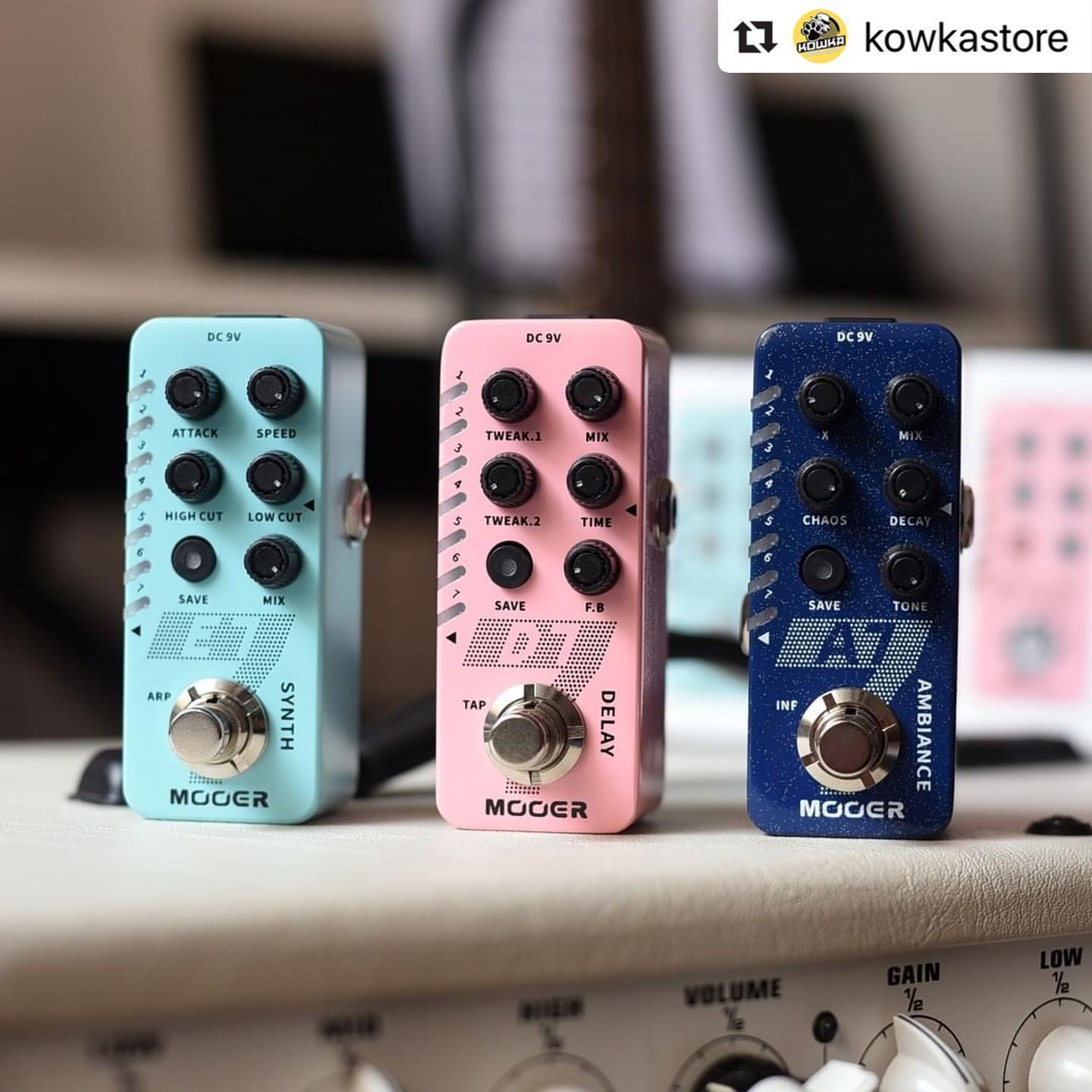 Nice shot of the E7 Synth, D7 Delay, and A7 Ambiance from the New Micro Series lineup! #mooer #stompboxes #newmicroseries #Repost @kowkastore with @make_repost...