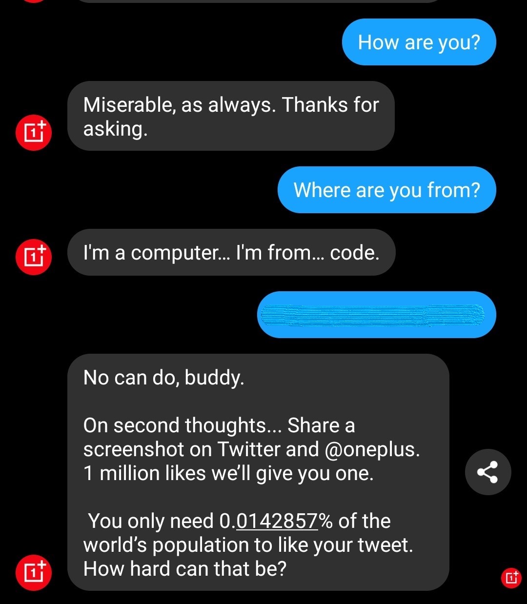 Cheeky little 🤖 What question did we ask to get this response from the OnePlus Chatbot? 