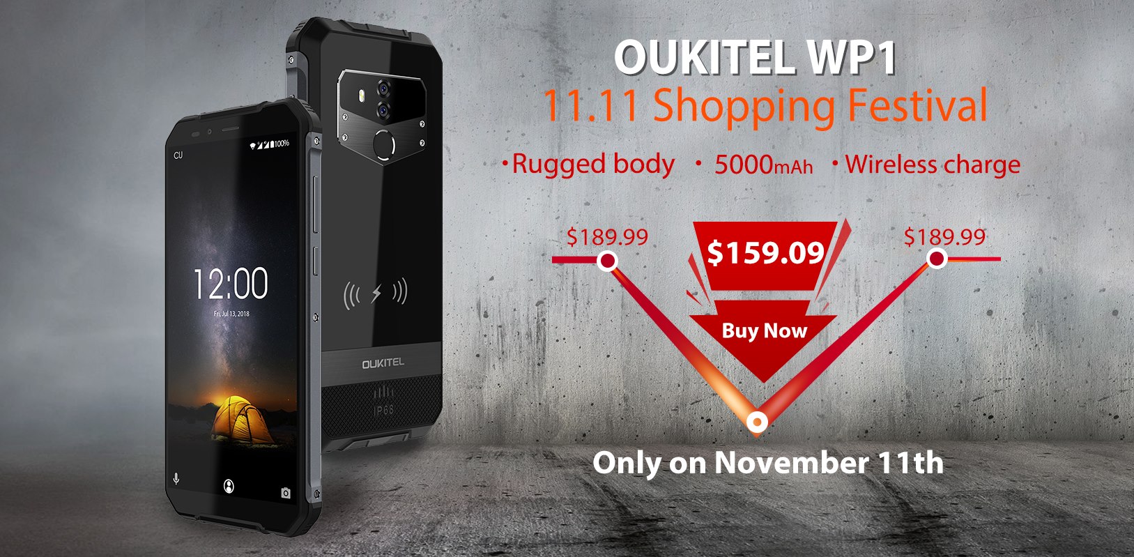 【11.11 Shopping Festival】OUKITEL WP1, 5000mAh battery rugged phone with wireless charge support, pay a deposit to get it at only $159.09.