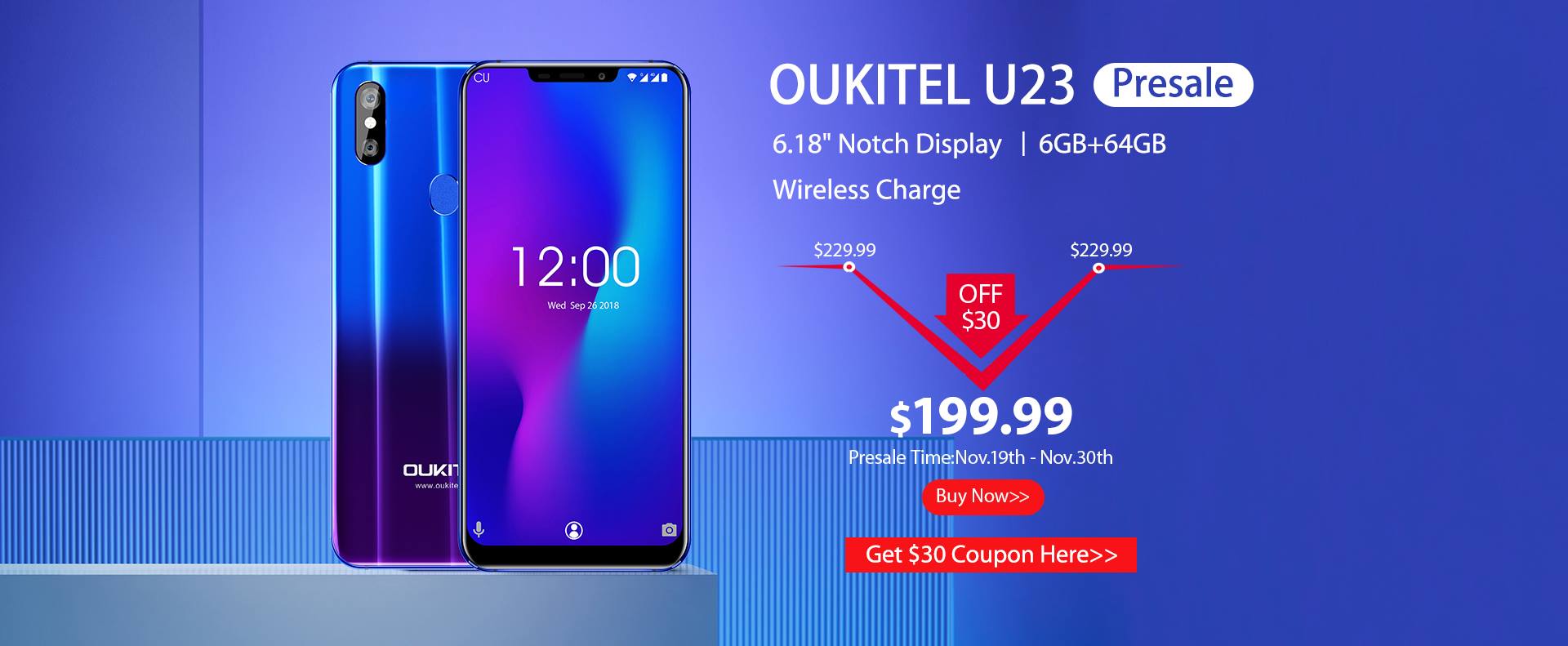 #OUKITEL #OUKITELU23 #BlackFriday 🎉🎉🎉OUKITEL U23 presale is starting on OUKITEL Official Store on Aliexpress now. Flagship model, gradient color, 6.18 inch notch display and 6GB RAM. Get $30 coupon code before add to cart to buy it at $199.99.