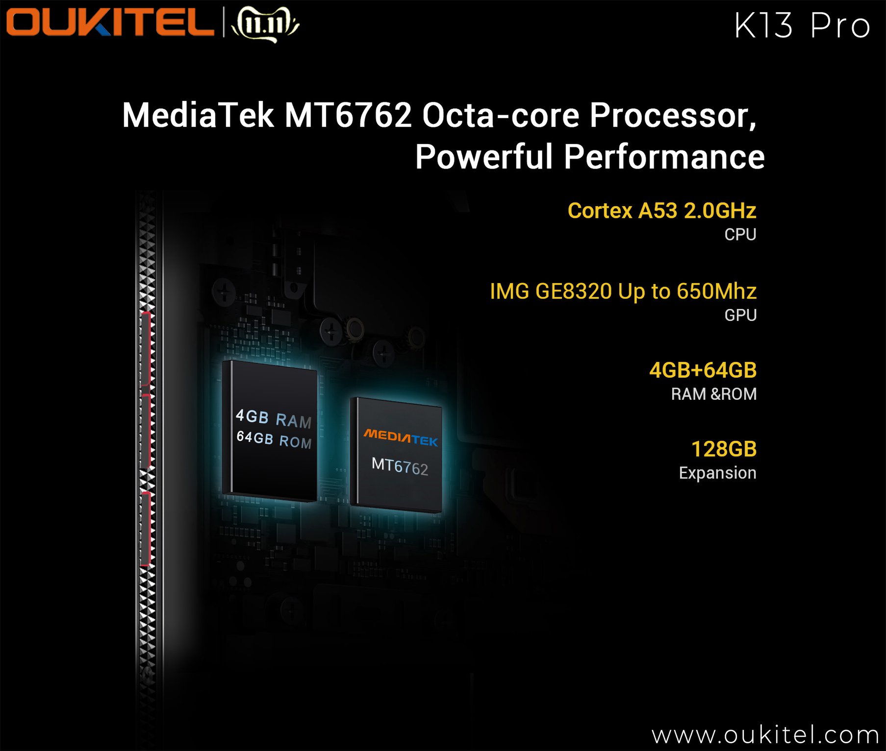 Powered by MediaTek MT6762 Octa-Core processor and 4GB RAM+64GB ROM, together with the optimized Android 9 Pie Operating System, the #OUKITEL #K13Pro offers you super fluent experience in gaming and multi-tasks