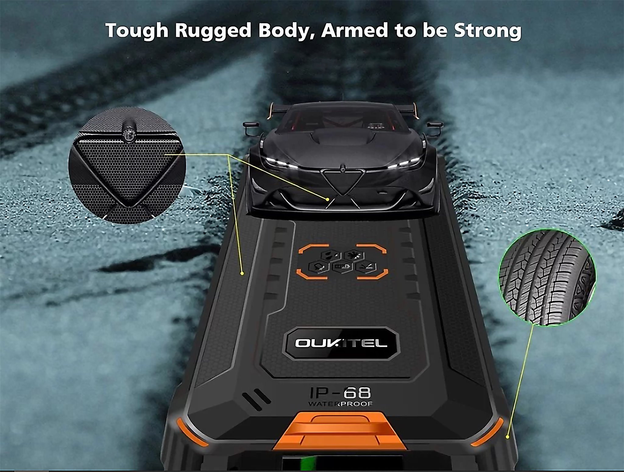 Inspired by the front fave and tyre of the car, #OUKITEL Designed the tough rugged body of the #WP5.