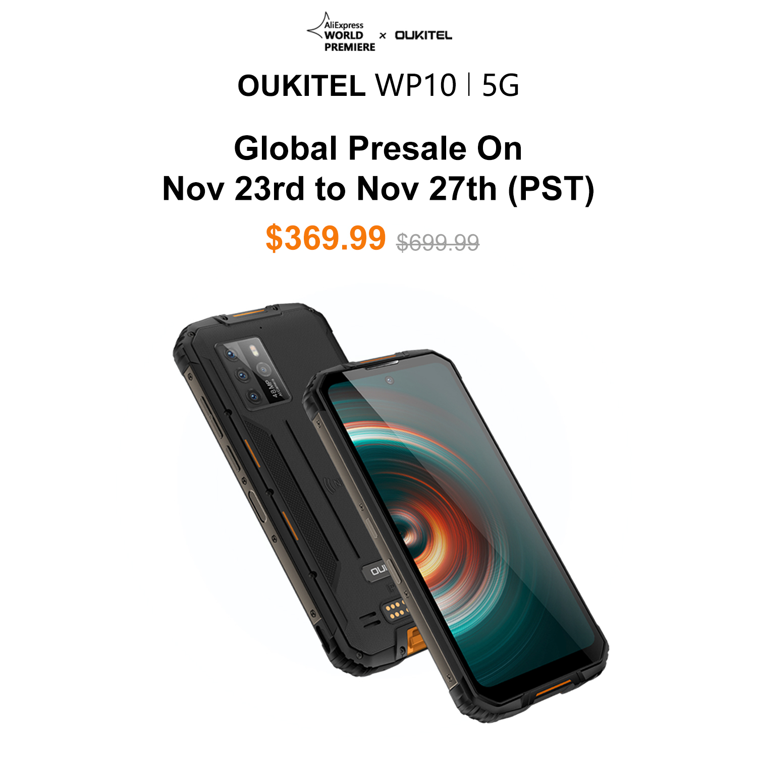 Starting from Nov 23rd, The world's first 5G King Battery Full Screen Rigged Phone #OukitelWP10 going for #GlobalPresale at $369.99🔥 Add to cart now and checkout on Nov 23rd🛒: www.tomtop.com