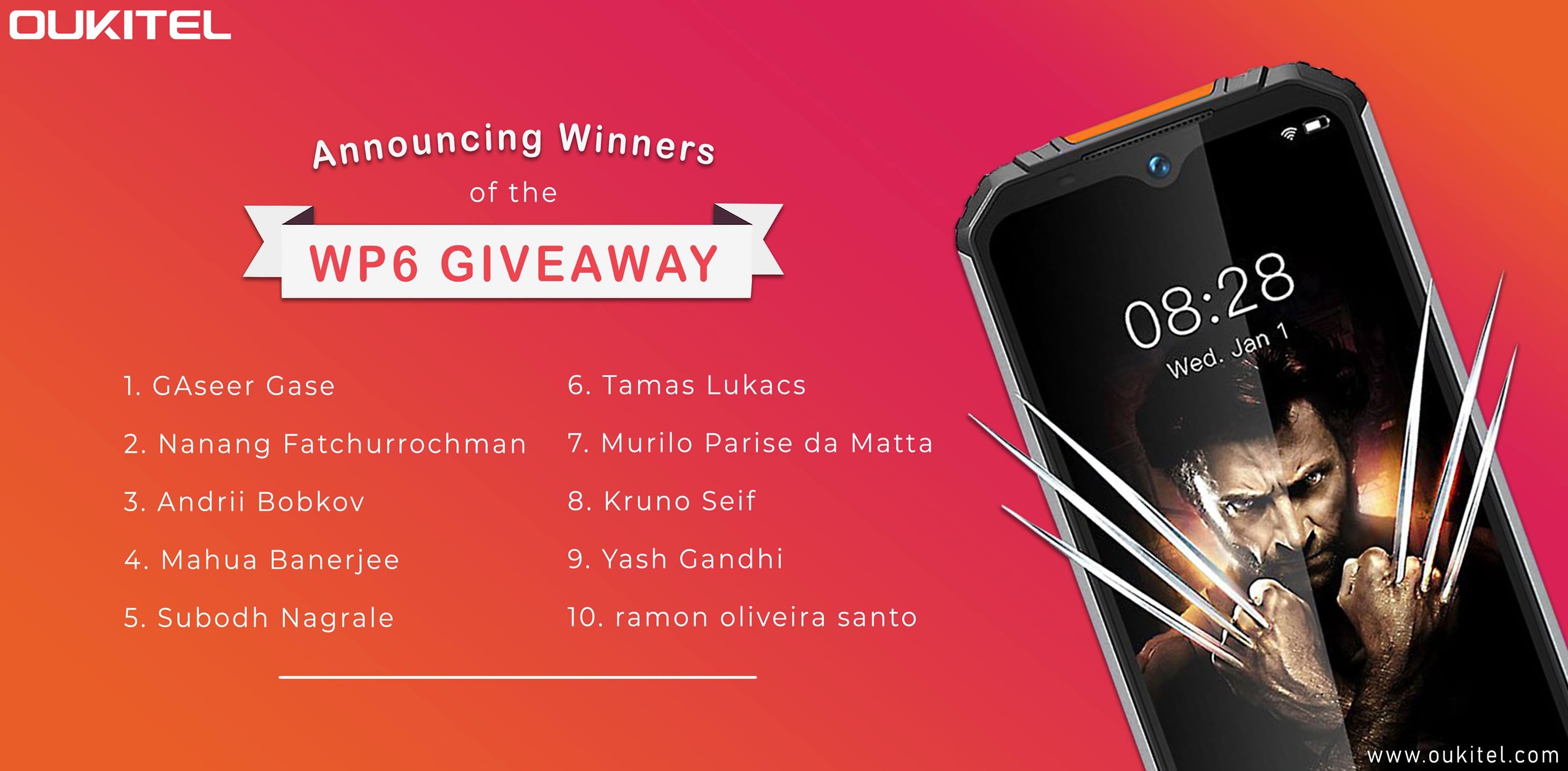 📣📣Here is total 10 winners of our #OUKITEL #WP6 #Giveaway🎊