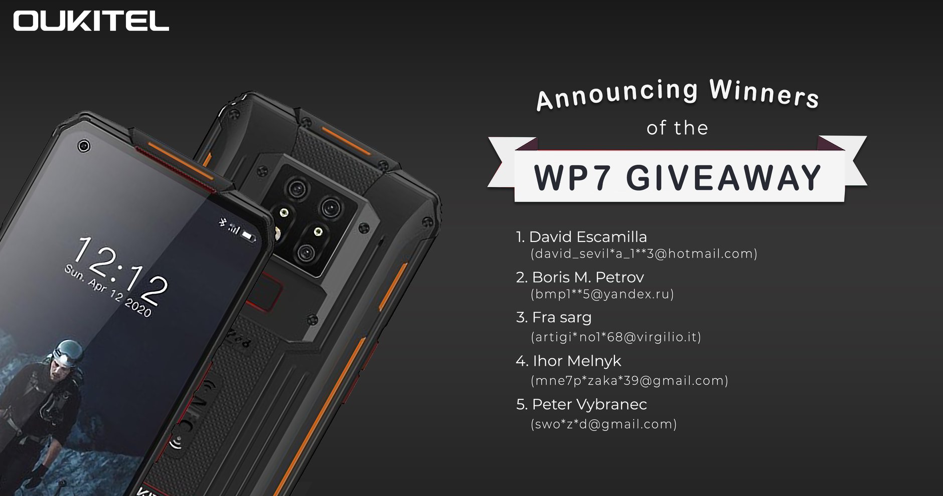 Congratulations to our 5 winners of #OUKITEL #WP7 #Giveaway🎉🎉 You've won WP7 Smartphone.😍 📣Winners please note:-...