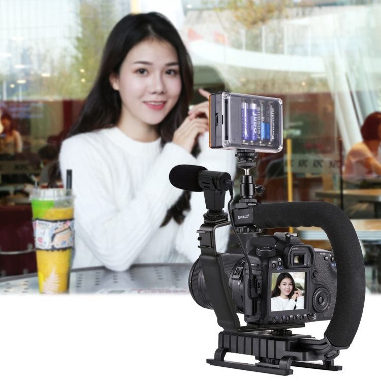 #PULUZ U/C Shape Portable Handheld #DV #Bracket #Stabilizer + #LED #Studio #Light + #Video #Shotgun #Microphone Kit with Cold Shoe Tripod Head for All #SLR #Cameras and Home DV Camera 