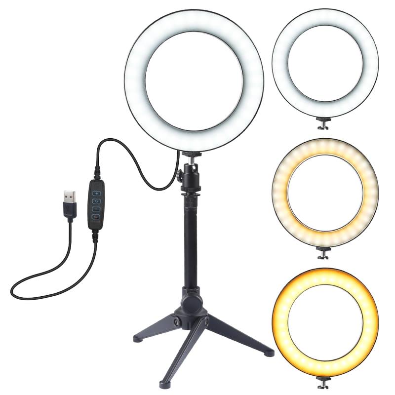 New Arrival #PULUZ 6.2 inch USB 3 Modes Dimmable LED Ring Vlogging Photography #Video #Lights + Desktop #Tripod Holder with Cold Shoe Tripod Ball Head