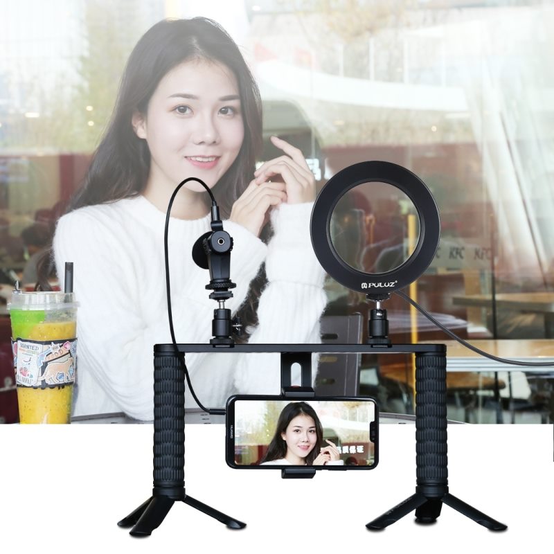 #New #Arrival #PULUZ 4 in 1 Vlogging Live #Broadcast 4.6 inch Ring LED Selfie #Light Smartphone Video Rig Handle #Stabilizer Aluminum Bracket Kits with Microphone + Tripod Mount + Cold Shoe Tripod Head