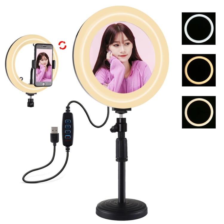 #PULUZ 7.9 inch 20cm #Mirror Light + Round Base Desktop Mount 3 Modes Dimmable Dual Color Temperature LED Curved #Light Ring Vlogging #Selfie Photography Video Lights with Phone #Clamp(Black)