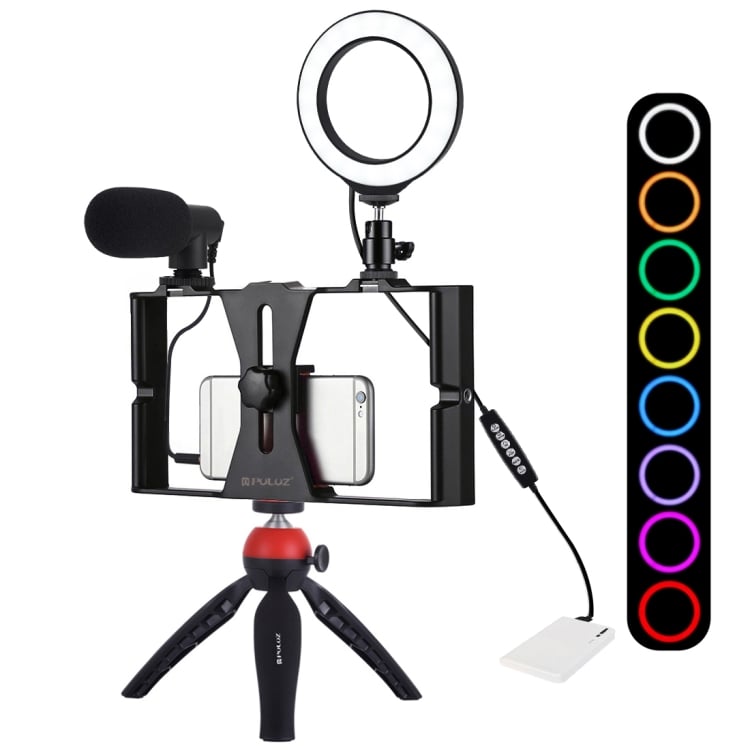 #PULUZ 4 in 1 Vlogging Live #Broadcast Smartphone #Video Rig + 4.7 inch 12cm RGBW Ring LED #Selfie Light + Microphone + Pocket #Tripod Mount Kits with Cold Shoe Tripod Head(Red)