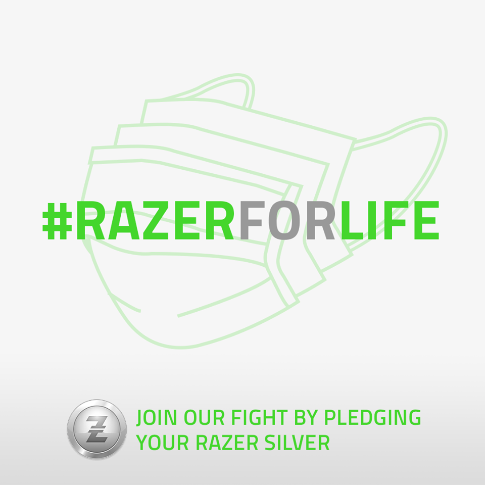 戴口罩 齊抗疫 加入Razer嘅 #RazerForLife ，你每捐出500個Razer Silver，Razer就會為前線醫護人員提供一個口罩。