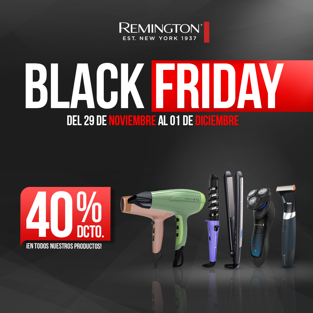 ¡Llegó Black Friday a Remington! Aprovecha 40% de descuento en todos nuestros productos del 29 de noviembre al 01 de diciembre.