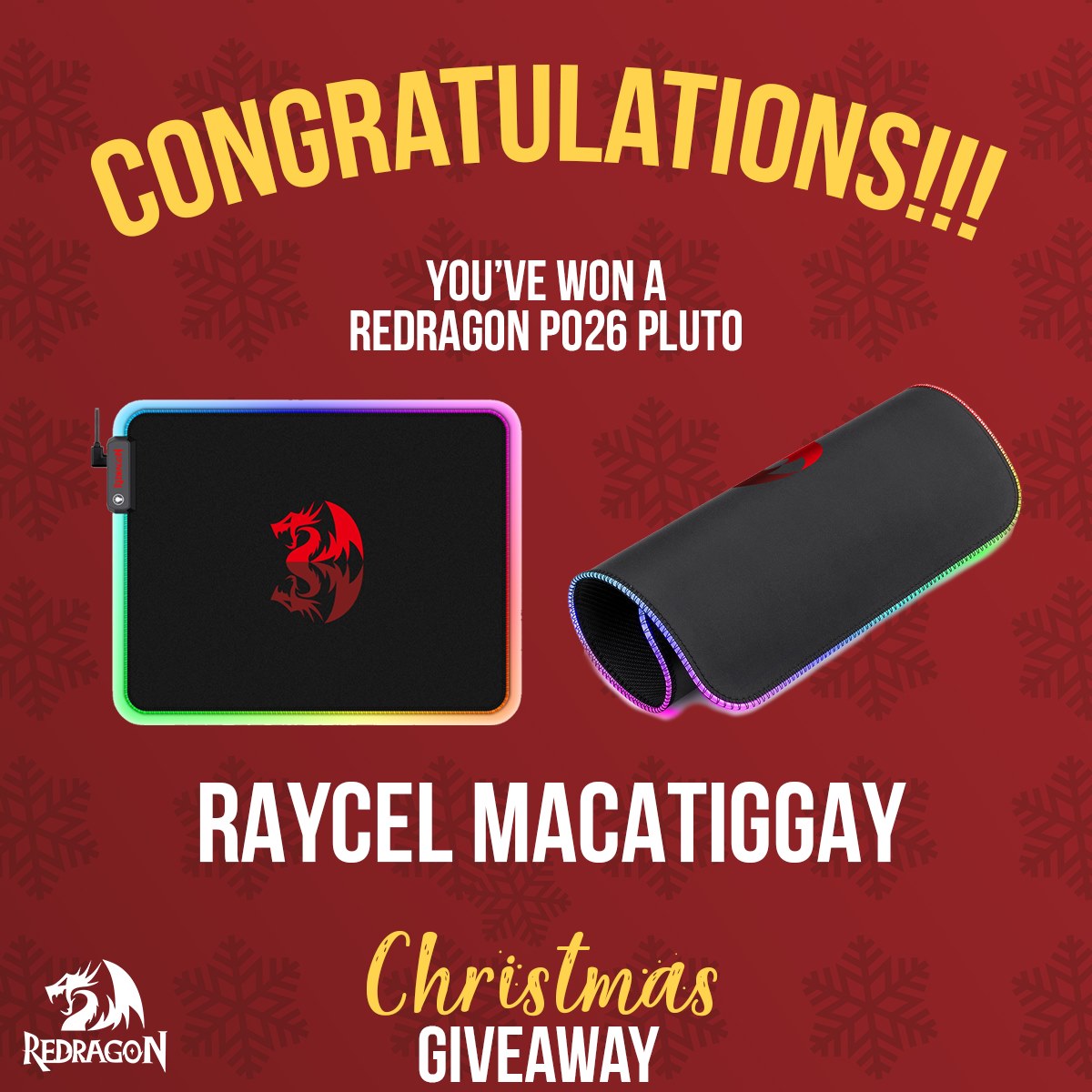 Once again Congratulations to the winners of Redragon Christmas Giveaways • Raycel Macatiggay