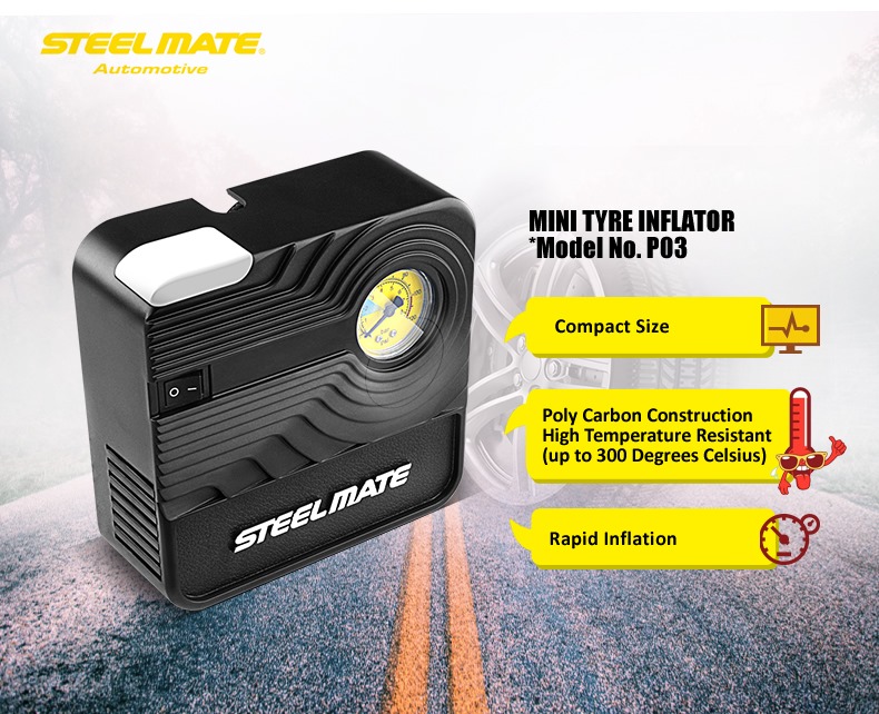 Ever have underinflated tire while you are on the road? Stop worrying on finding somewhere to pump your tire especially if you are in a rush.  Get Steelmate Mini Inflator PO3. This mini size tire inflator are portable and it is easy to use.  Plug it into the cigarette lighter...