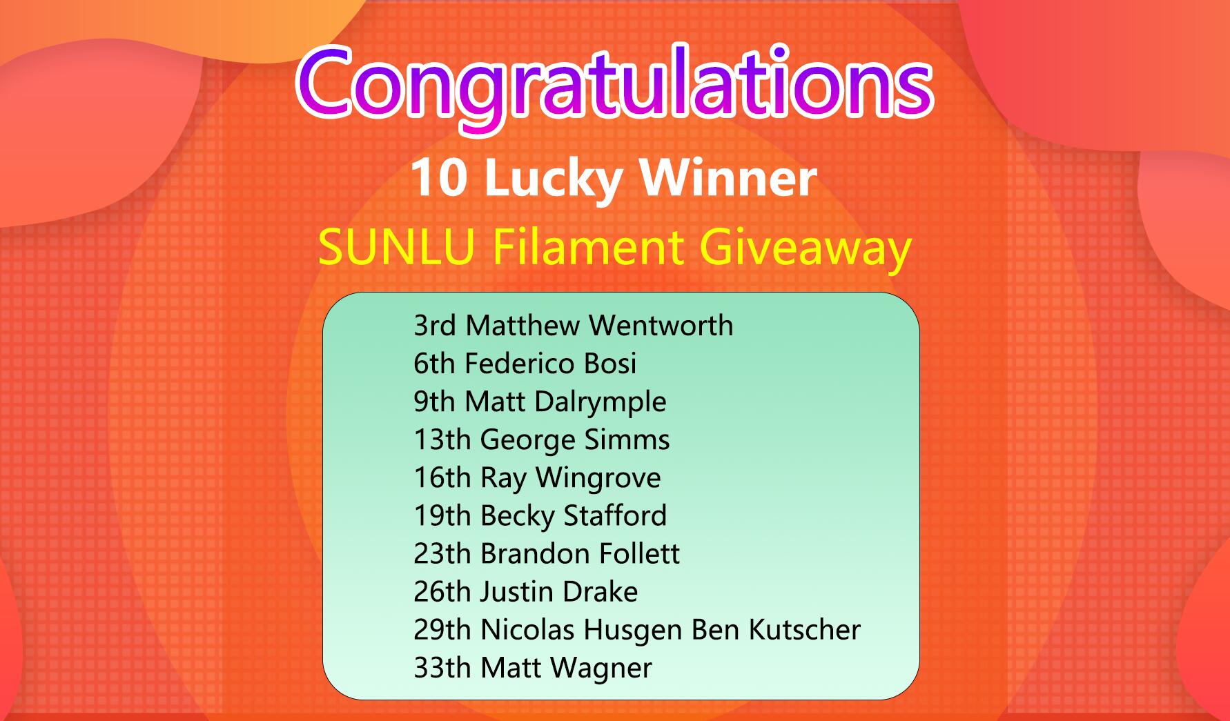 🥳🥳Congratulation. We have 10 lucky winners of this giveaway event, they will get a totally of 5 PETG Orange and 5 Silk Watermelon Red filaments. Please contact support@sunlu.com with your name, facebook link, phone number, address, Zip code, country before 12/15/2019.  Otherwise, you will forfeit your prize. Thanks. 🤩🤩 3rd Matthew Wentworth...