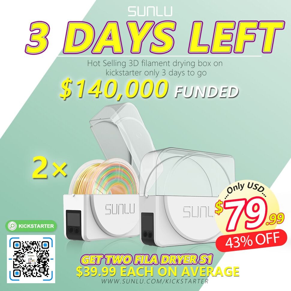 3 days left you can get SUNLU startup product Fila Dryer S1with a super early price on Kickstarter.