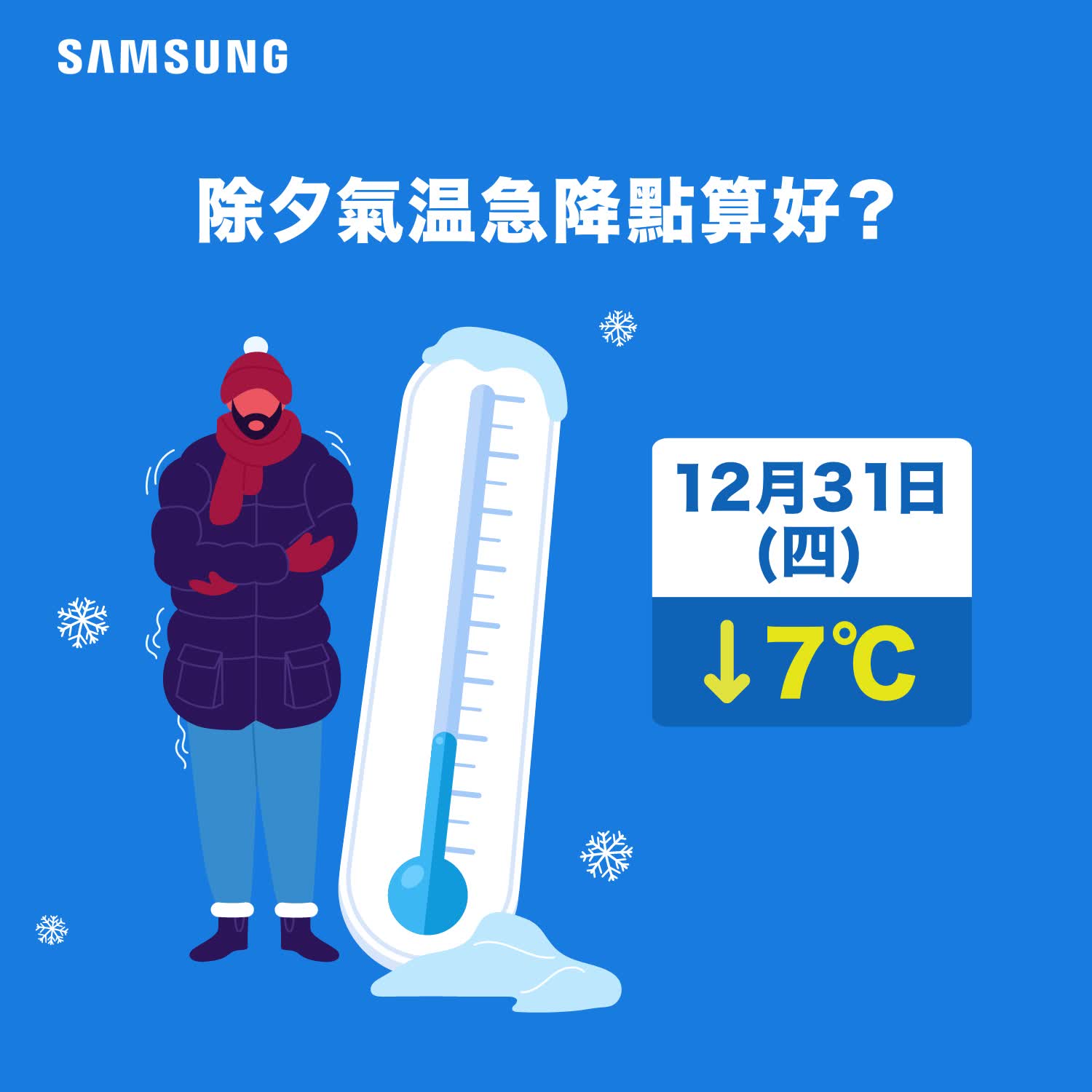 【#暖人包 | 除夕氣溫跌至7°C  點算好？🥶】 今年冇得出街徹夜狂歡，想同屋企人留喺屋企過一個暖笠笠倒數夜，一定要用我嘅 #快速供暖模式 ，可以將暖氣迅速吹至室內每個角落，咁就唔洗喺屋企都包到成隻糭咁啦🙆‍ 💁‍♀️而且我仲配備第二層三重保護濾網，有效 #99.9%除菌*、#99.9%除病毒^ 及98%除致敏原Δ，有晒雙重嘅防護，咁就可以令成個環境都乾淨、溫暖又舒適，留喺屋企倒數就自然安心曬！... 凡於1月1日至31日購買Samsung WindFree 冷暖分體機，可獲贈威露士冷氣清潔劑乙支*!  產品詳情：www.tomtop.com