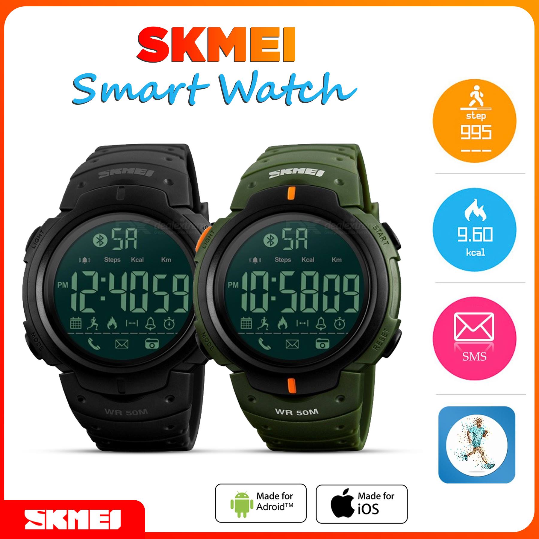 💢 SKMEI Men's Bluetooth Digital Wristwatch Sport Smartwatch w/ Pedometer for IPHONE Android - Army Green