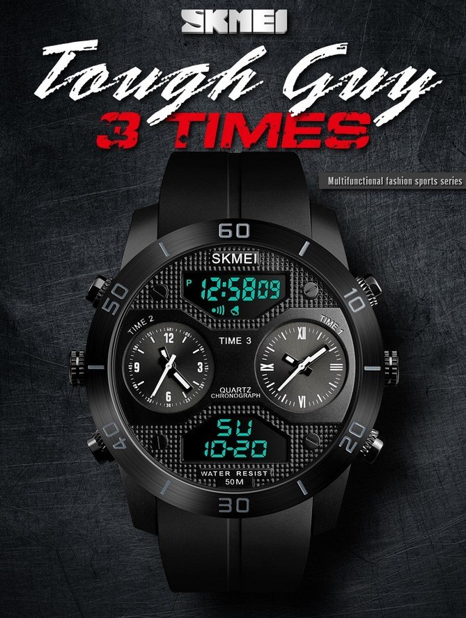 New Men Dual Display Wristwatches 3 Time Countdown 50M Waterproof