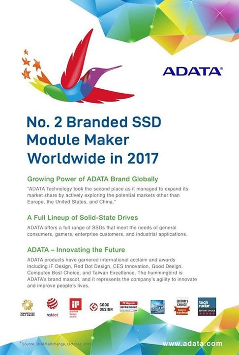 We are very excited to share some good news with you. According to recent data released by DRAMeXchange, ADATA is the No. 2 branded SSD module maker worldwide in 2017, and No.1 in Asia. 