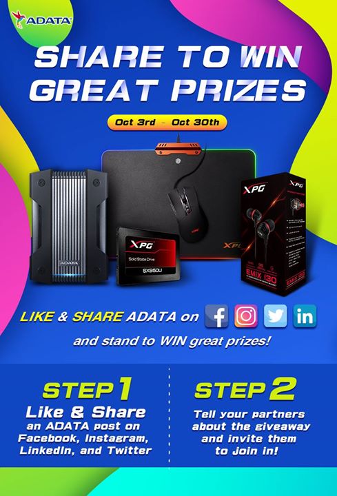 We are glad to announce our #ADATA #giveaway to all our  partners. Sign up, share and like ADATA social media and stand a chance win some amazing prizes, including the latest ADATA and #XPG products!  Joining the giveaway is easy! 