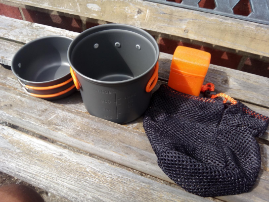 #TOMSHOO Outdoor Camping Hiking Cookware Pot Set is sturdy and lightweight. They will work well and can be stored neatly in the provided mesh drawstring bag. 