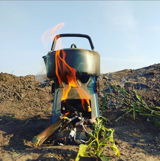 You only need a few dry twigs, as it burns very well. you are able to cook loads of food and boil water even roast marshmallows.