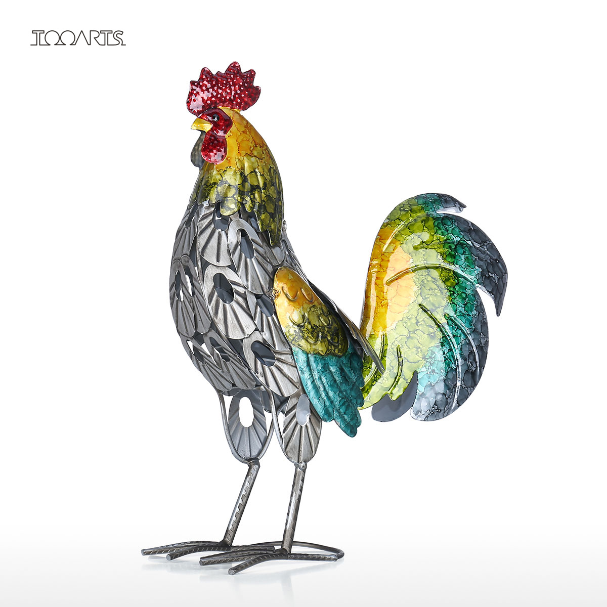 The rooster sculpture is a modern style handicraft with vibrant colors. 🐓