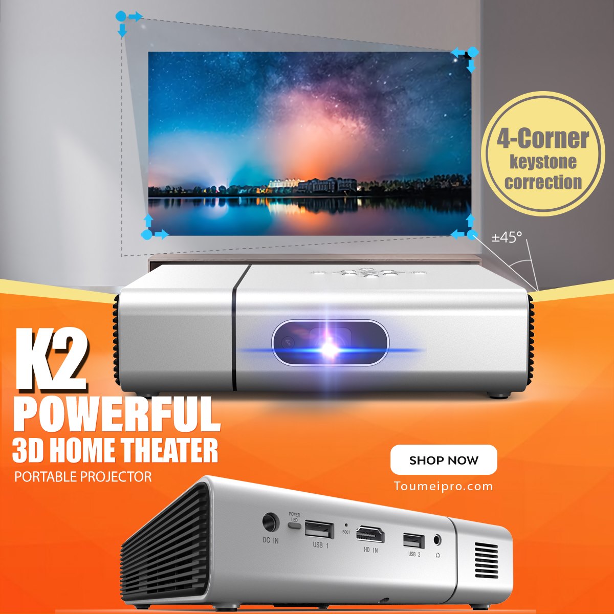 #Toumei #K2 Powerful #3D Home Theater Portable Projector, Automatic Keystone Correction, 4-corner keystone correction, It can be placed at any angle without affecting the viewing. #3DProjector, get a 3D Glasses free