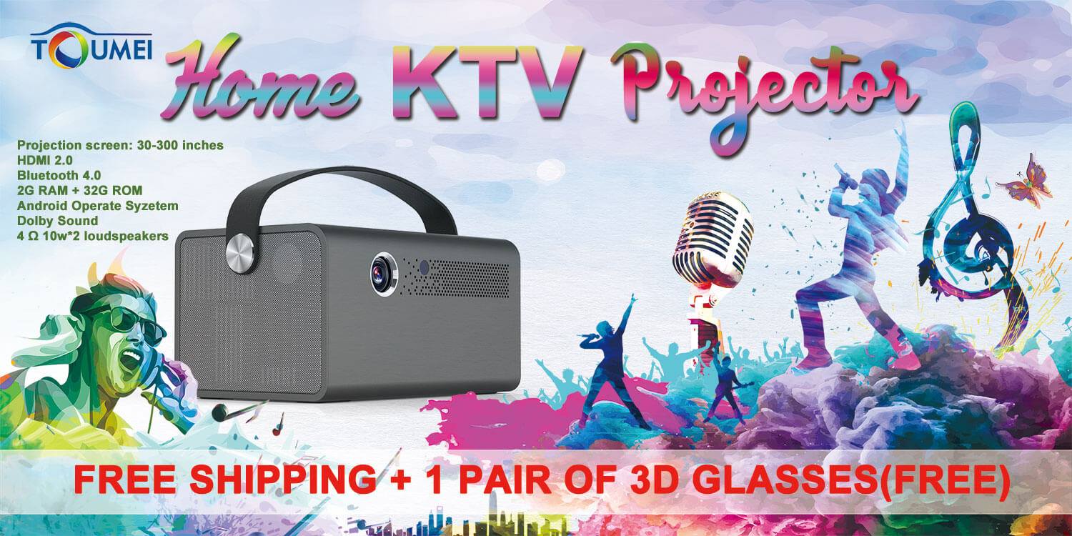 Toumei Home KTV Projector #V7, built-in 4 Ω 10w*2 loudspeakers, Dolby sound effect, HDMI 2.0 input, 2G RAM+32G ROM, supports Front Projection, Rear Projection, and Hanging cast projection, features large projection screen up to 300 inches.  There is a handle, you can easily carry it to any place, make your #home, school classrooms, #dormitories, #offices, and other places instantly become KTV rooms Note: The package included one pair of 3D Glasses, no need to purchase separat...ely.