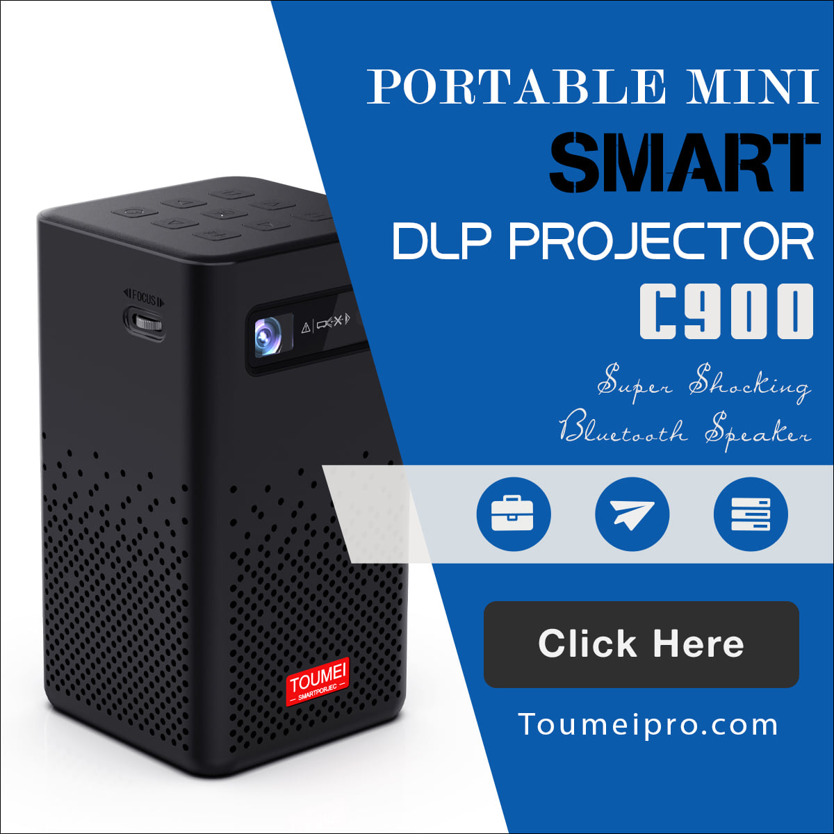 Toumei C900 Portable Smart DLP Mini Projector, with super shocking Bluetooth speaker, built-in 5200mAh battery,  a good outdoor mini projector, best buy in 2021