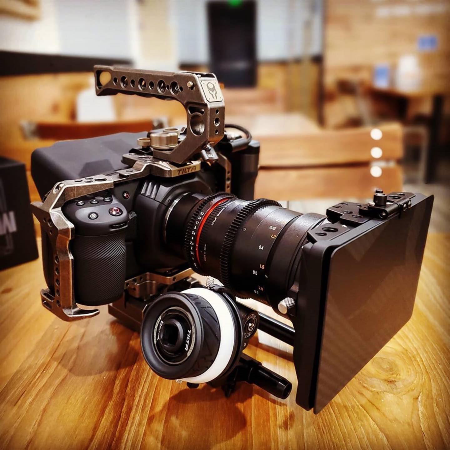 BMPCC 4K, Tilta Cage, Tilta Handle, Tilta Battery Side Grip, Tilta Hood, Tilta Base Plate & Rods. Tilta Mini Follow Focus, Tilta Mini Matte Box and Rokinon 35mm Cine Lens.