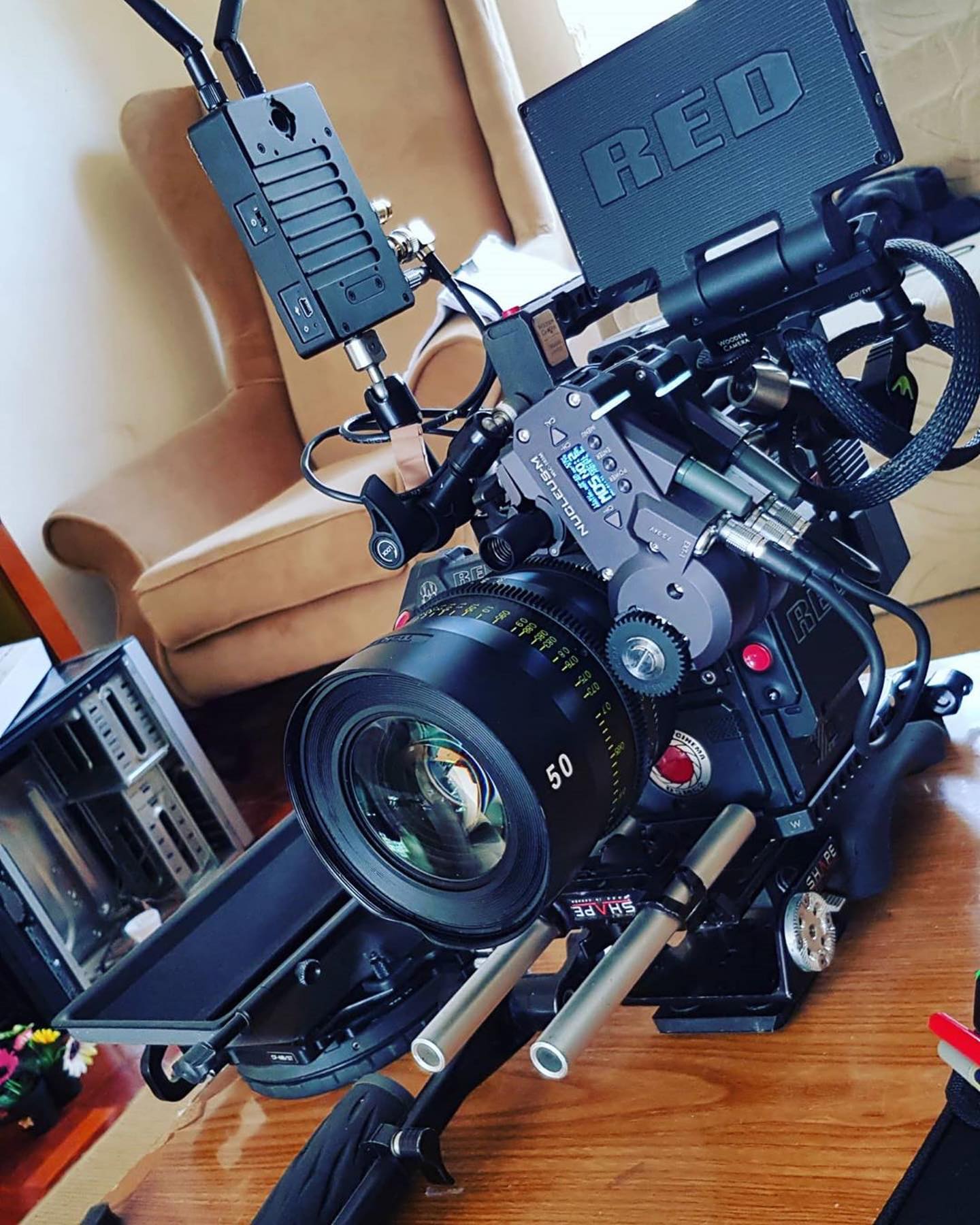 Working from home, rigging this just for the hell of it. Tokina Vista 50mm T1.5, Helium body, with two Nucleus-M motors and a Teradek Bolt 500LT on a wooden camera framework 