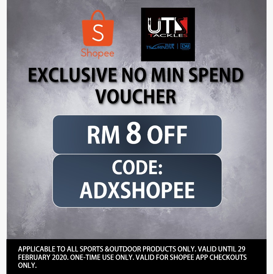 Good news! Shopee is giving 300 pcs of no minimum spend, RM8 off vouchers! Grab it while we still have it! Happy Shopping with UTS Tackles! Welcome Visit: 