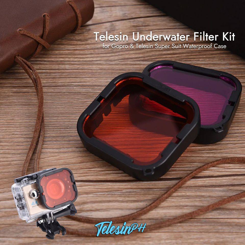 Telesin Underwater Filter Kit for Gopro & Telesin Super Suit Waterproof Case, Optical Glass that filters and enhance your underwater shots. Red filter: used for color correction in seawater diving photography and restoring the red colors absorbed by water