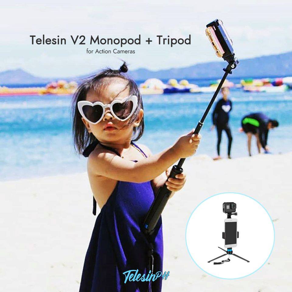 Start them young and hone their skills with Telesin V2 Extendable Monopod Pole + Aluminum Tripod. Portable and lightweight with Phone Holder Grip and Mount Adaptor for your action camera. Twist-and-lock feature allows it to extend from 8 to 36 inches.