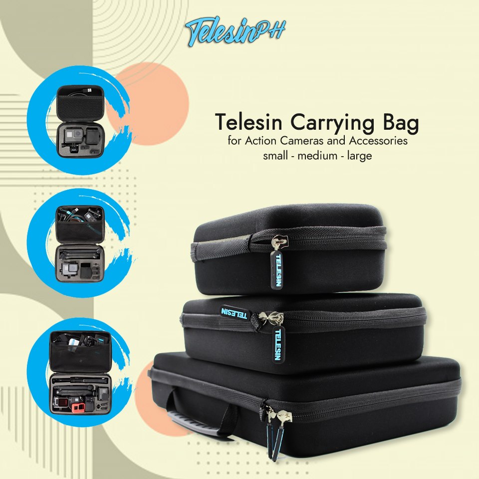 Telesin Carrying Bag for Action Cameras and Accessories comes with 3 sizes for you to choose, which is more convenient and practical to bring in your adventures. ▶Small (H x L x W): 13cm x 17cm x 7cm