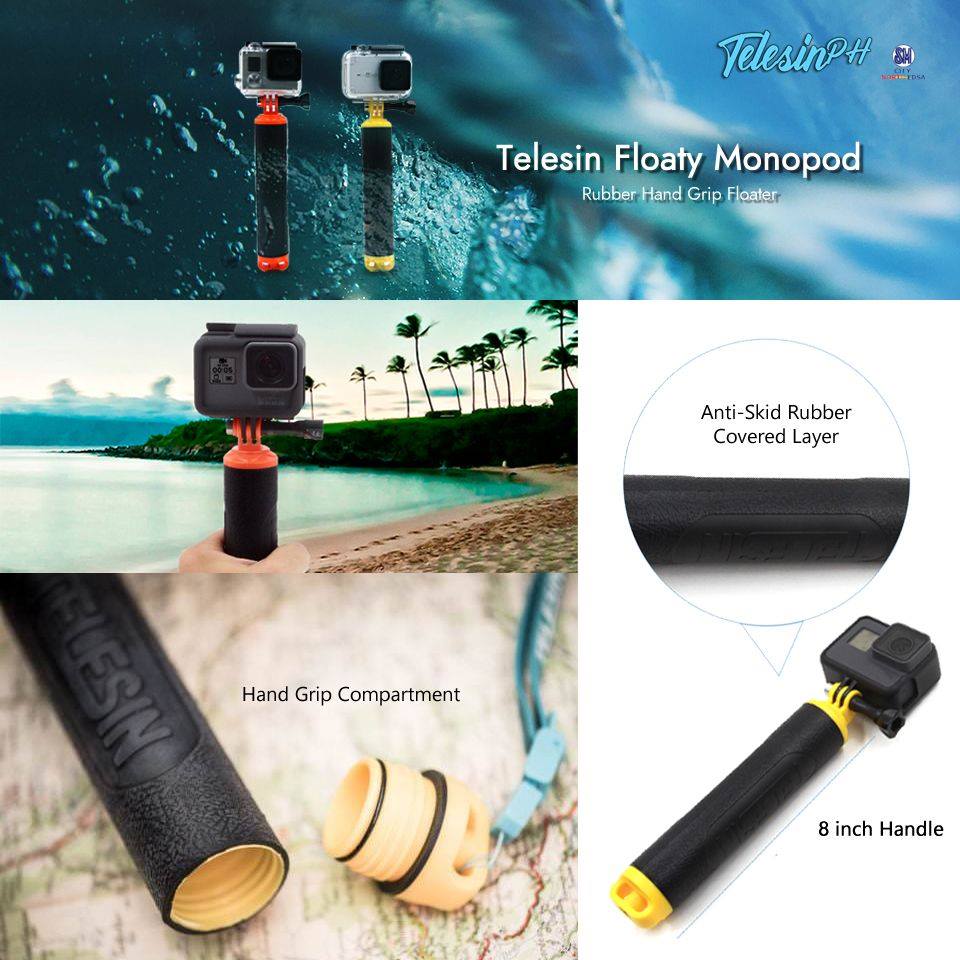 Super comfortable Telesin Floaty Monopod, excellent soft-touch and skidproof with rubber hand grip. It can be unscrewed to reveal a hollow compartment that you can add water for neutral buoyancy underwater. Directly screw mount to your action cameras and you're good to go!