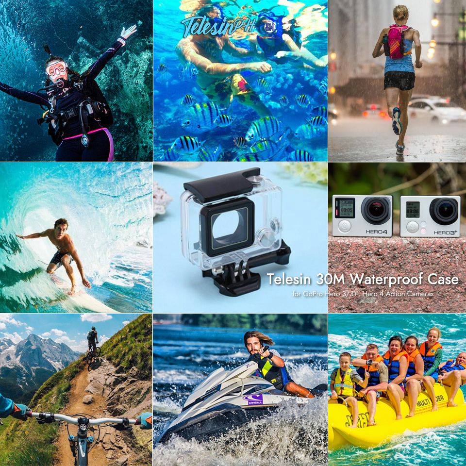 Pang All-Around Telesin 30m Waterproof Case, Biglang umulan habang nag jojogging? No Problem! May outing this summer? Kulayan na yan! Wag manghinayang protectahan ang inyong Action Camera! Compatible sa GoPro Hero 3/3+ at Hero 4 Silver and Black action cameras