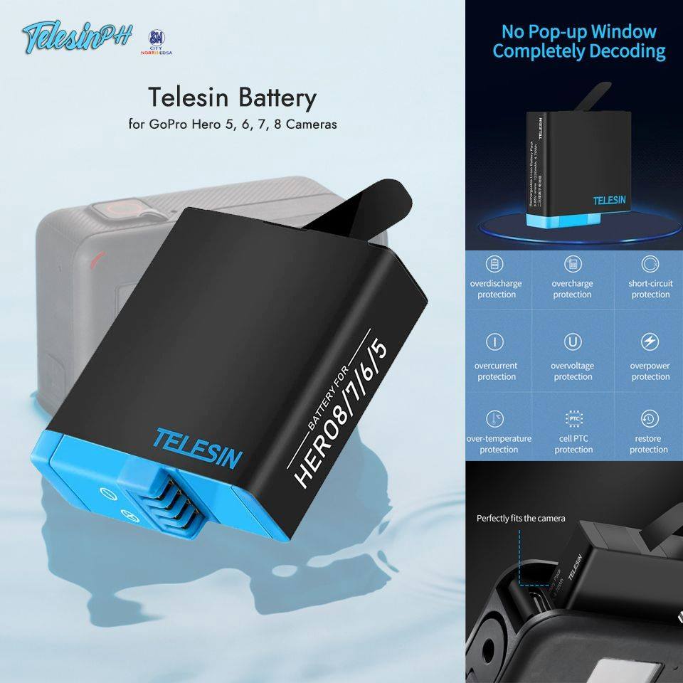 Telesin Rechargeable Battery with High-Density Lithium Ion Cell that perfectly fit on your GoPro Hero 5, 6,7 & 8 Action Camera. It can last about 120mins for 720p/120FPS setting and 9 Intelligent Protection. Get it here www.tomtop.com ❗️